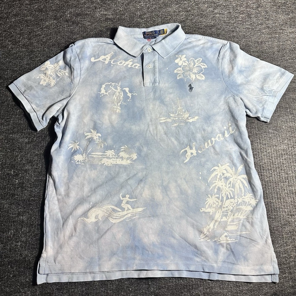 Polo Ralph Lauren Mens (L) Blue Acid Wash Dip Dyed Palm Tree Pattern Polo Shirt